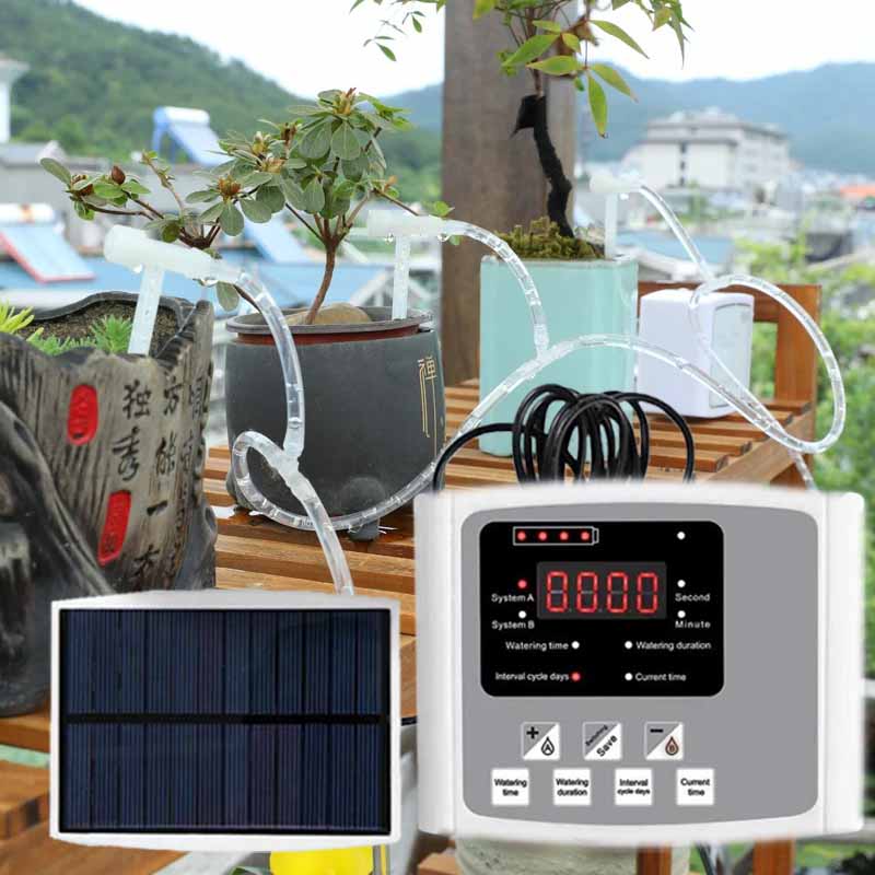 Smart Garden Water Timer - 自動太陽エネルギー点滴灌漑装置 ダブルポンプ 調整可能なバルブコントローラー タイマーシステム インテリジェントガーデン散水