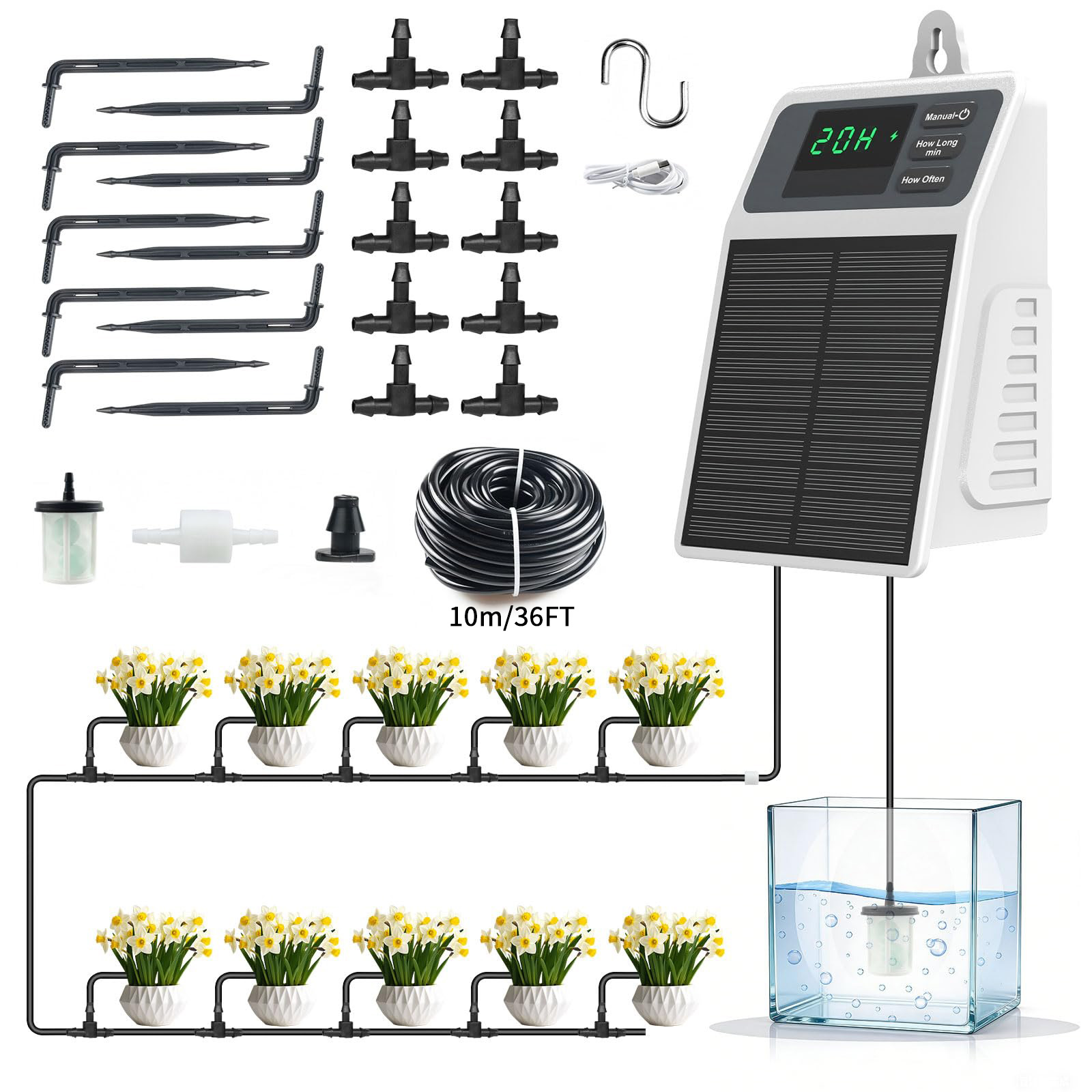 Smart Urban Garden - 改良型ソーラー点滴灌漑システム 自動散水装置 家庭菜園、バルコニー、温室、吊り下げ植物用