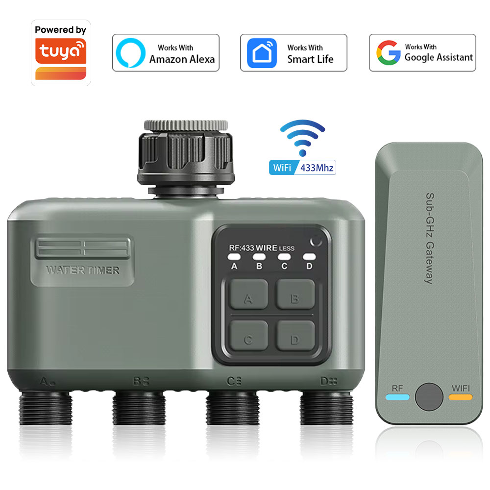 Smart Garden Sensors - 4口プログラマブル水タイマー（ガーデンホース用）、雨天時遅延/自動散水システム付き、庭や芝生用のデジタル灌漑システム