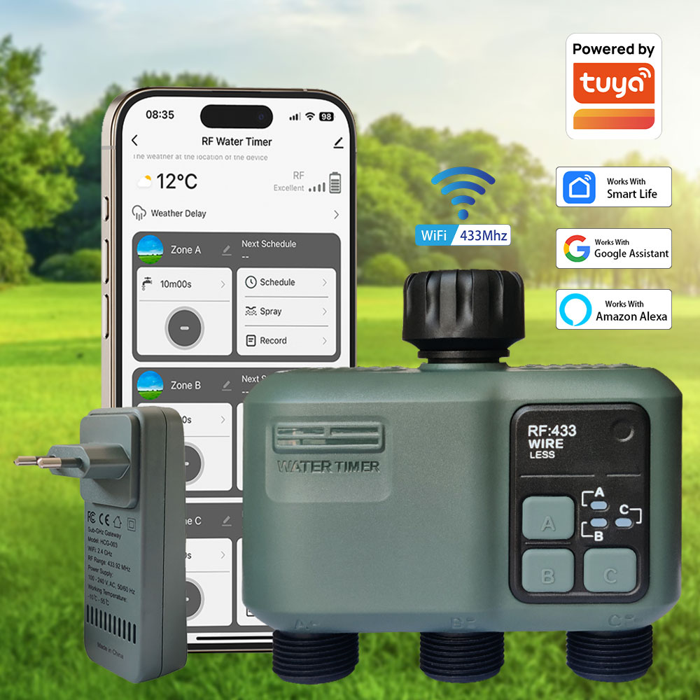 Smart Garden Water Timer - Tuya Wifi+RF433 3口給水タイマー ガーデン用ウォータータイマー 雨遅延フィルター プログラム可能な自動灌漑コントローラー